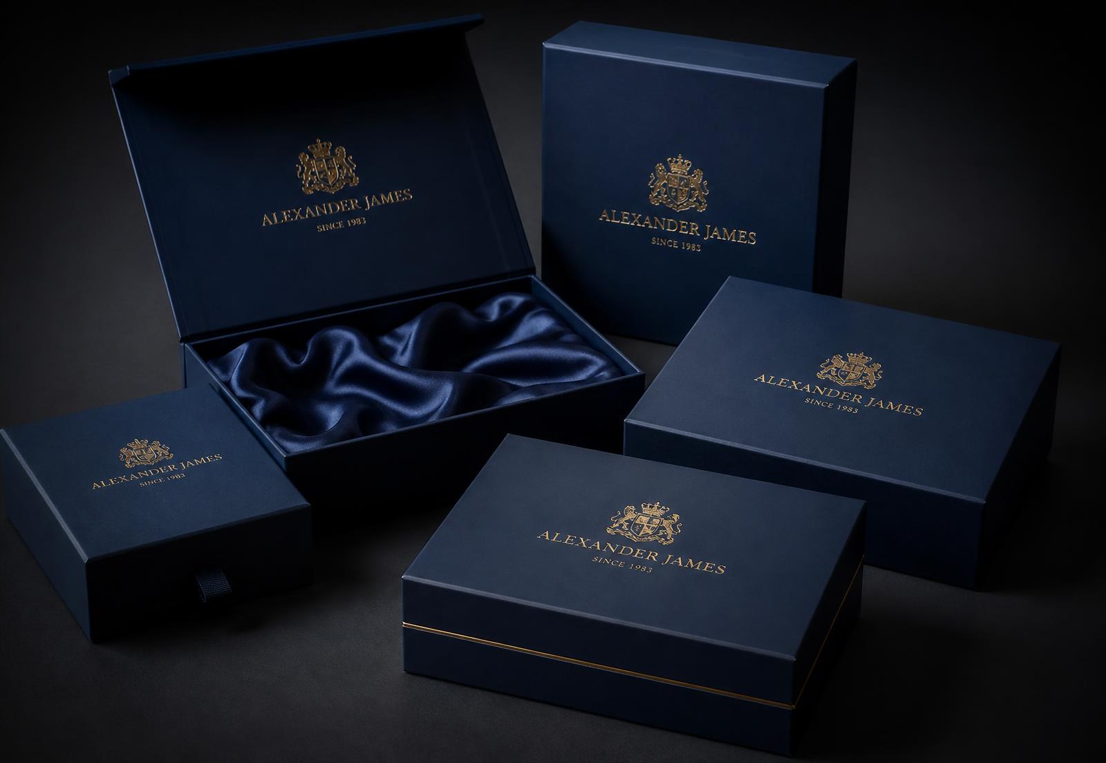 Premium navy rigid gift boxes with gold foil